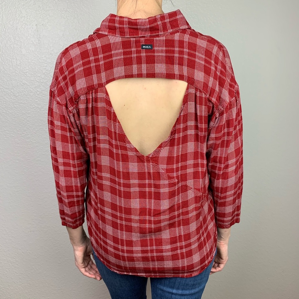 RVCA red plaid open back button down